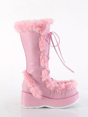 B. Pink Vegan Leather Mid-Calf Boots with Faux Fur Trim and Full Inner Side Zip